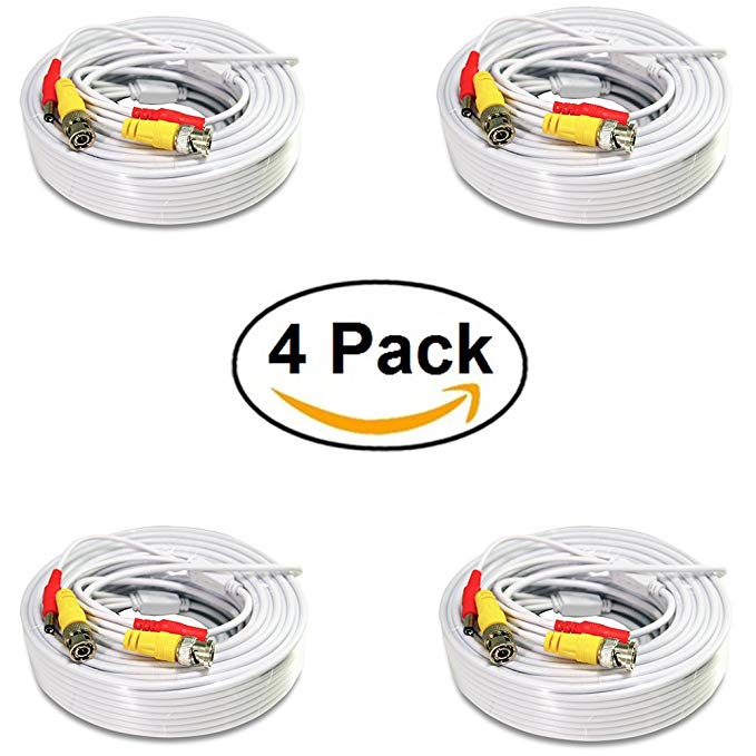 Pack of 4x 100ft White Premade BNC Video Power Cable / Wire For Security Camera, CCTV, DVR, Surveillance System, Plug & Play (White, 100ft)